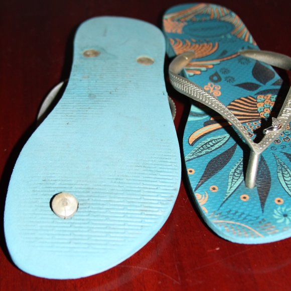 Women Havaianas Flip Flop Blue/Gold Size 9 - Picture 2 of 2